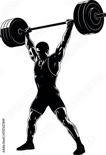 Vector art of weightlifter lifting a heavy barbell overhead, transparent background