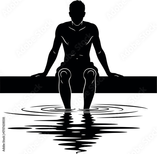 Vector art of silhouette of a man sitting on a ledge with his feet in the water, transparent background