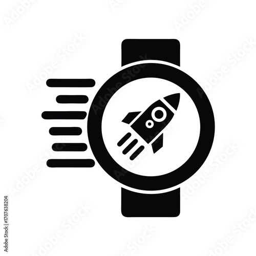 Black silhouette illustrates rocket taking off shown on a smartwatch display icon