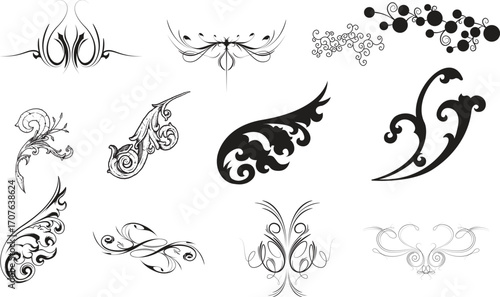 A striking set of tribal and floral tattoo designs with vintage swirl and leaf elements, perfect for a decorative black and white illustration