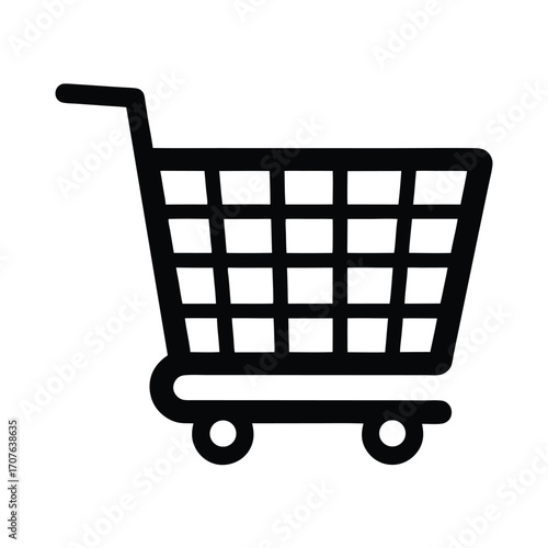 Black shopping cart symbol with a handle and wheels represents online commerce