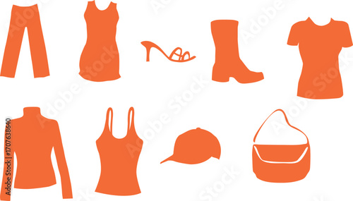 A vector illustration of a collection of fashion clothing and accessories for women