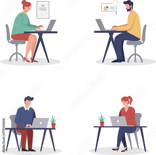 Vector illustration of office workers sitting at desks with laptops, plants, and charts on the wall, representing teamwork and productivity in a modern office environment.