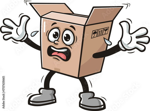 Cartoon cardboard box mascot is panicking and scared