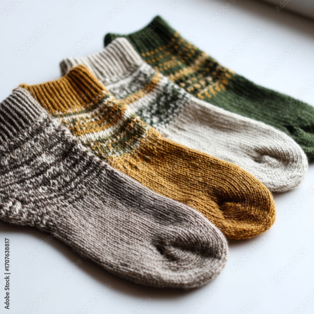 Fototapeta premium Warm and cozy handmade socks in earthy tones placed on a soft surface
