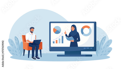 Remote training with muslim mentor on screen and student with laptop. Online education. Teacher conducts webinar. Students using computers for e-learning, online courses, and virtual meeting