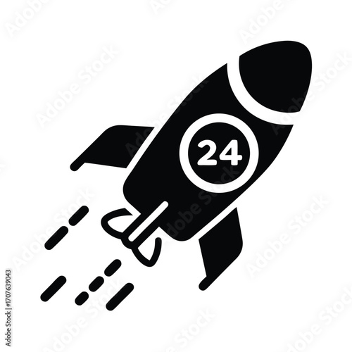 Black silhouette of a rocket launching and displaying the number twentyfour in a circle