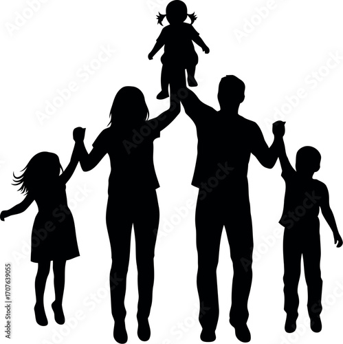Vector art of silhouette of a happy family with two children and a baby, transparent background