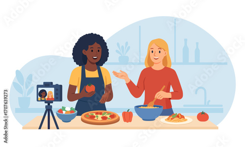 Different nationalities food bloggers records a step by step recipe in cozy kitchen using camera. Chef live streaming cooking pizza. Content, social media posts creation. Video tutorial, culinary show