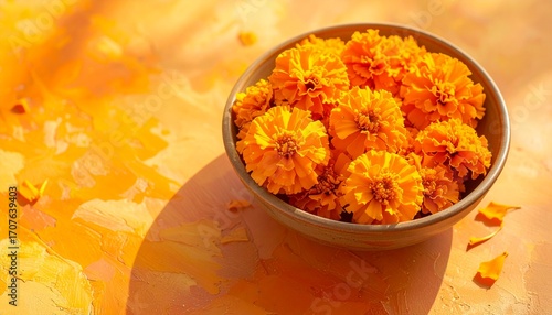 A vibrant bowl of fresh orange marigold flowers illuminated by golden sunlight, symbolizing celebration and tradition