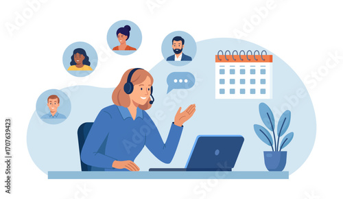 Business woman hosts video meeting on laptop. Remote work. Support customer care, online training and inclusive digital communication. Diverse team members connect through video call
