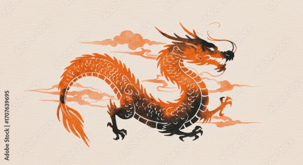 Fototapeta premium Traditional Chinese dragon illustration with orange and black colors 