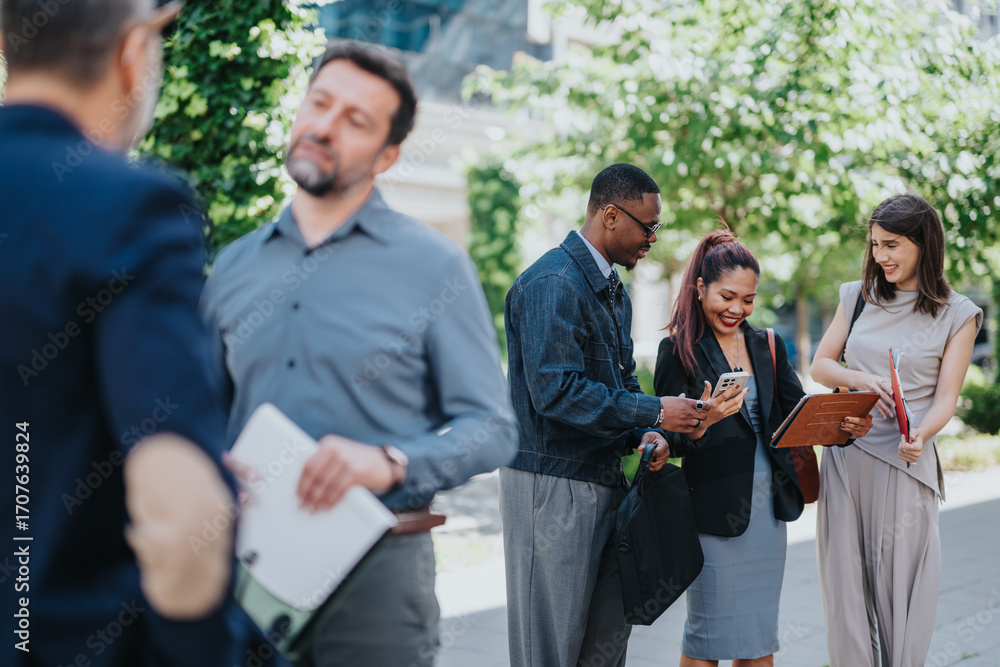 Obraz premium A diverse group of people smiling and engaging with electronic devices outdoors. The image captures camaraderie and collaboration among colleagues in a modern business setting.