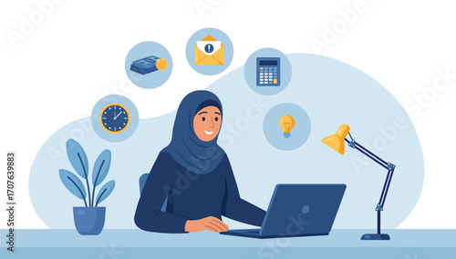 Muslim woman in hijab works on laptop. Multitasking, business administration. Character performs multiple tasks for effective time management. Efficient employee performance, work accomplishment