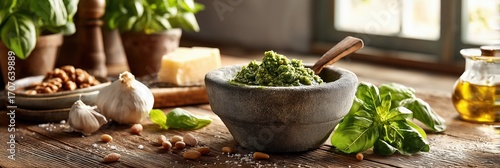 Fresh pesto genovese with ingredients on rustic wooden table