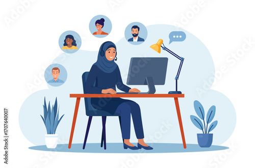 Muslim woman in hijab hosts video meeting on laptop. Remote work. Support customer care, online training and inclusive digital communication. Diverse team members connect through video call
