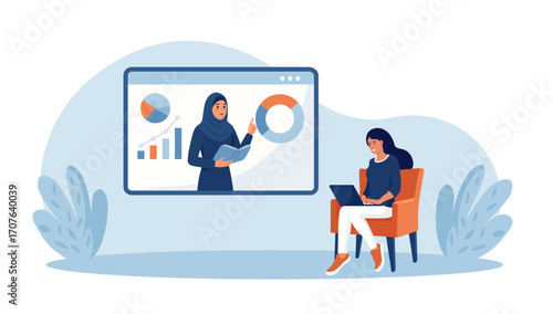 Remote training with muslim mentor on screen and student with laptop. Online education. Teacher conducts webinar. Students using computers for e-learning, online courses, and virtual meeting
