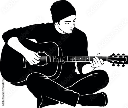 Vector art of silhouette of a man sitting crosslegged playing an acoustic guitar, transparent background
