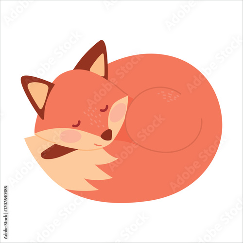 A cute, cartoon-style sleeping fox with orange fur and a bushy tail curled up in a cozy position. The background is plain white, emphasizing the fox's features.