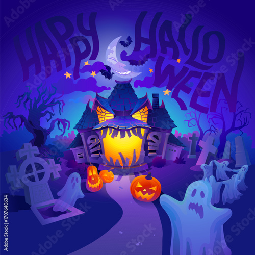 Halloween night scene with haunted house