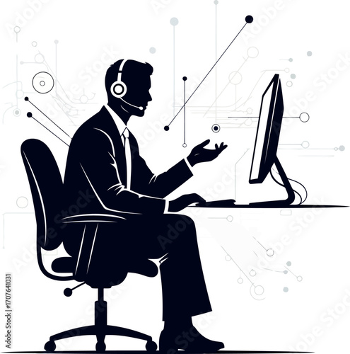 Vector art of silhouette of a businessman wearing a headset and suit, sitting at a desk with a computer, transparent background
