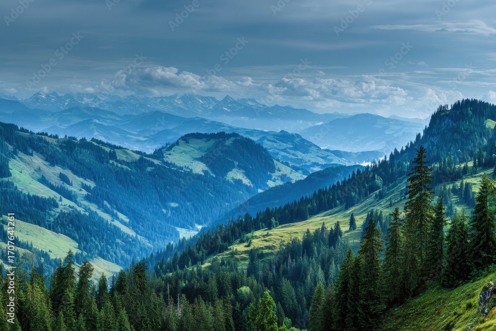 Fototapeta premium Swiss Alps mountain range with lush forest valleys and meadows, countryside in Switzerland landscape. Snowy mountain tops in the horizon, travel destination wallpaper background See Less 