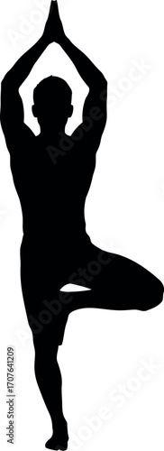 Vector art of silhouette of a man performing a yoga tree pose, transparent background