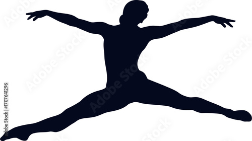 Vector art of silhouette of a dancer in midleap with arms outstretched, transparent background