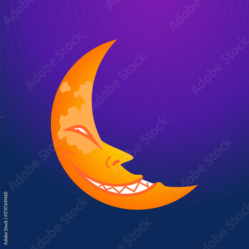 Halloween crescent moon with mischievous smile