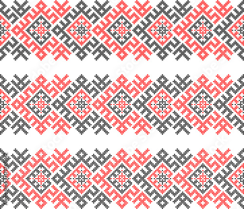 Ukrainian ethnic ornament vector, red and black cross-stitch seamless pattern, traditional vyshyvanka embroidery, folk art border for print, fabric, clothing, website, banner, background