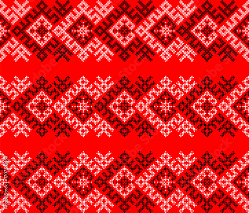 Ukrainian ethnic ornament vector, red and black cross-stitch seamless pattern, traditional vyshyvanka embroidery, folk art border for print, fabric, clothing, website, banner, background