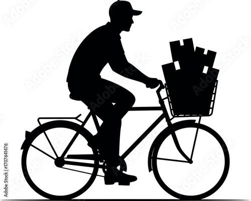 Vector art of silhouette of a courier on a bicycle with a basket full of packages, transparent background