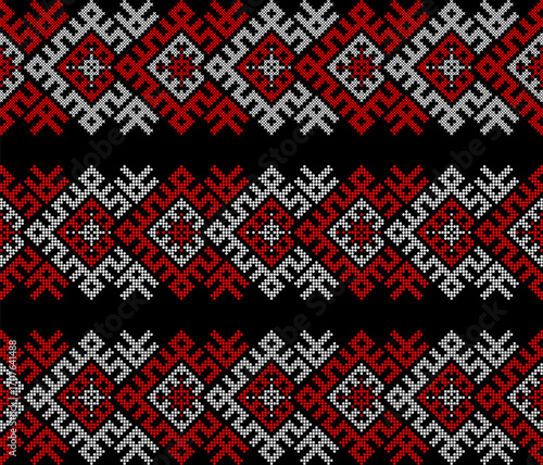 Ukrainian ethnic ornament vector, red and black cross-stitch seamless pattern, traditional vyshyvanka embroidery, folk art border for print, fabric, clothing, website, banner, background