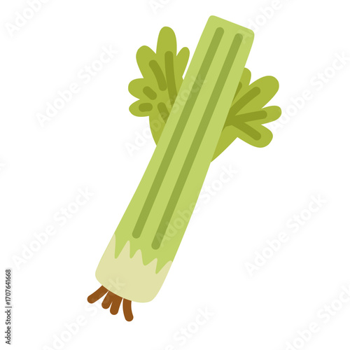 A simple flat style illustration of a celery stick with leaves and roots. Perfect for use in menus, food blogs, or any project needing a healthy eating graphic.