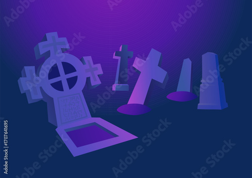 Halloween cemetery with various gravestones