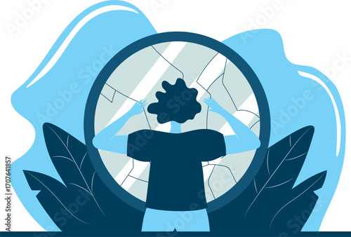 vector illustration of a girl looking into a broken mirror, as a symbol of self-doubt