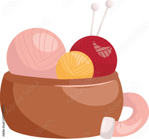Basket with multi-colored woolen balls, knitting needles and measuring tape. Detailed vector illustration.