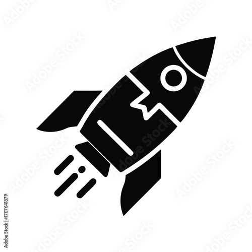 Black silhouette rocket launches toward space, featuring booster flames on its lower side