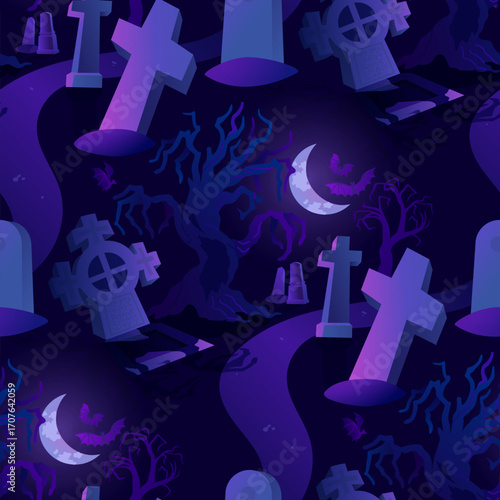 Halloween cemetery with graves, tree and moon