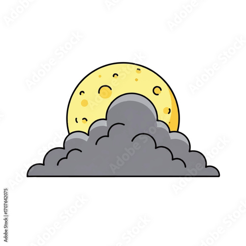 Simple cartoon illustration of a full yellow moon with craters partially hidden behind a dark grey cloud, isolated on a white background