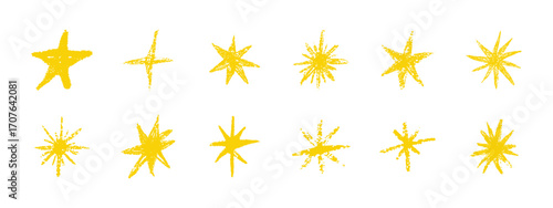 Grunge chalk star shapes set. Crayon doodle sketch elements with shine, twinkle, sparkle and glowing textures. Hand drawn childlike style vector illustration