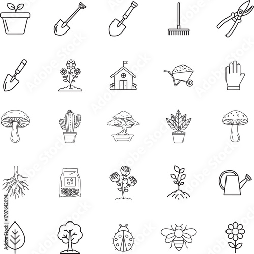Gardening Tools and Houseplant Care Line Icon Set