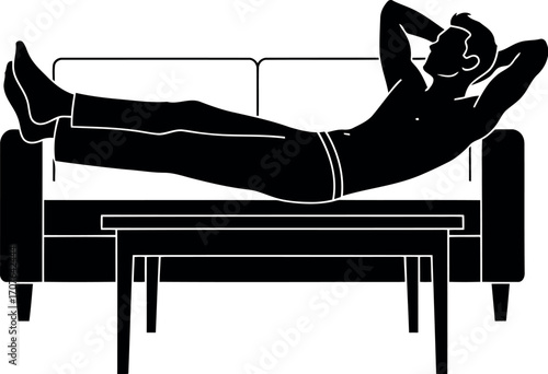 Vector art of man relaxing on sofa with hands behind head and feet up on coffee table transparent background