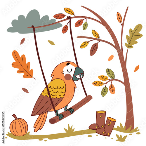 Cute SVG of a Relaxed Parrot in Autumn Leaves colors, featuring on a cloud swing in a Autumn setting