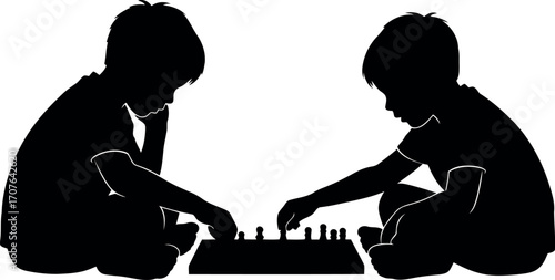 Vector art of two children playing chess silhouette transparent background