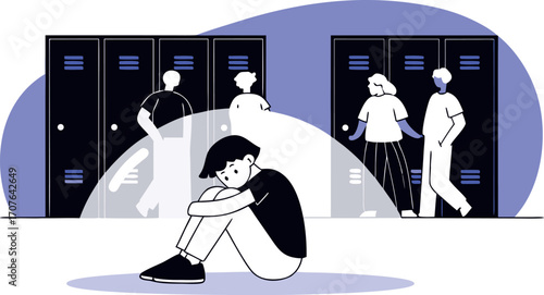 vector illustration of a teenager sitting in a crowded school hallway inside a big bubble, symbol of anxiety