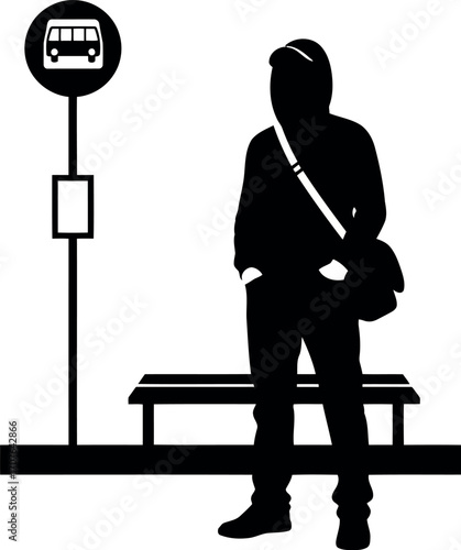 Vector art of silhouette of a person waiting at a bus stop with a bag, transparent background