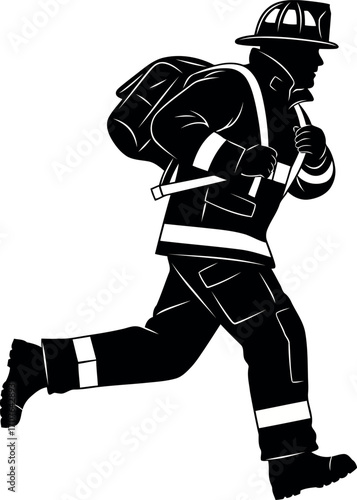Vector art of silhouette of a firefighter running with a backpack transparent background