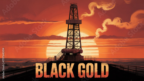 Dramatic oil rig silhouetted against a fiery sunset evokes power and the vital energy sector, symbolizing industry and resource extraction.