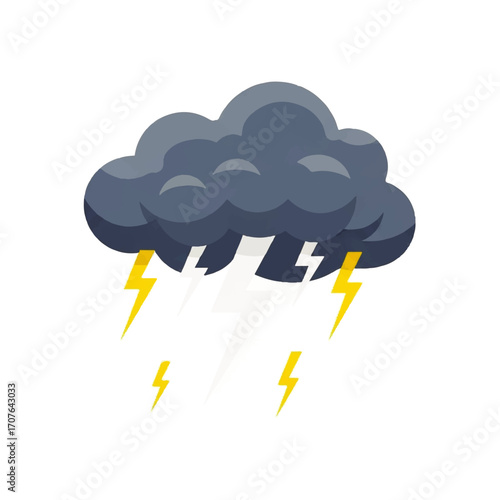 Vector illustration of a dark storm cloud with rain and lightning bolts, representing a severe weather forecast and the power of nature